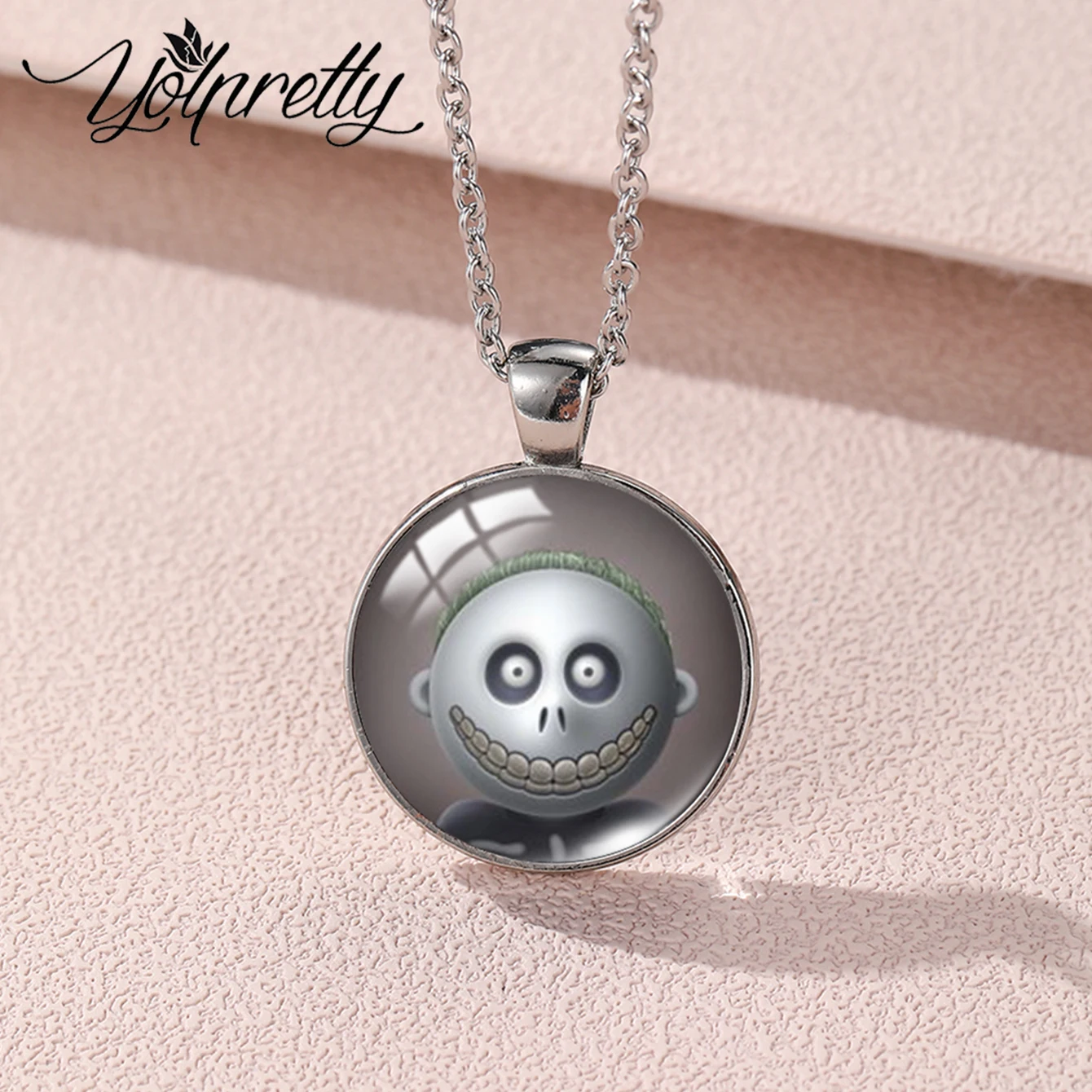 2024 New Arrival Fashion Nightmare Before Christmas Jack and Sally Handcraft 25mm Glass Dome Round Pendant Necklaces