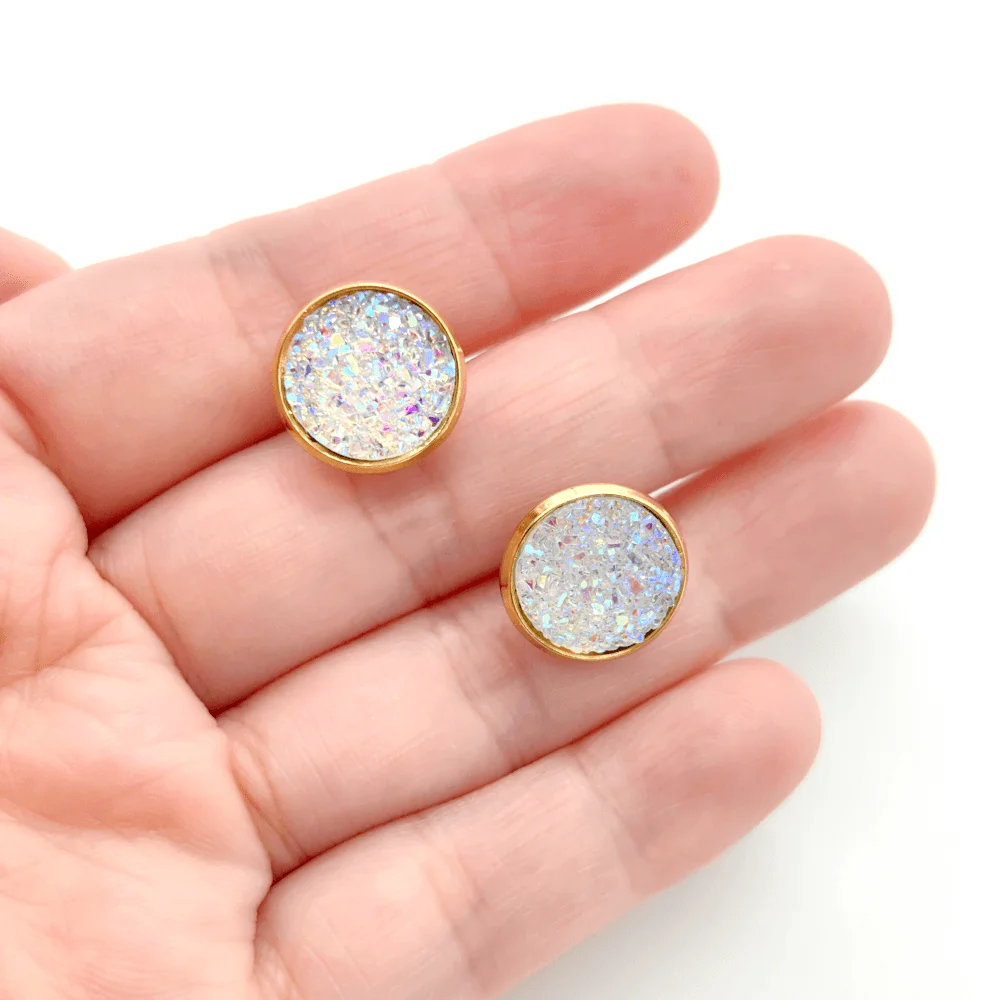 Gold Plated Artificial Druze Earrings for Women Teens,Stainless Steel Drusy Stone Stud Earring,Kpop Y2K Jewelry,Party Gifts