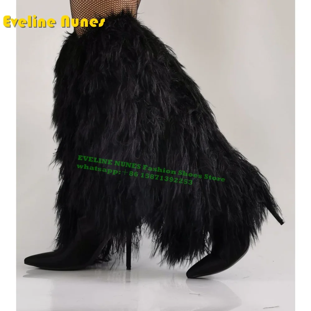 Black Furry Feather Patchwork Fashion Boots Pointed Thin Heel Trendy Stylish Fur Women Sexy Knee High Booties Spicy Girl Winter