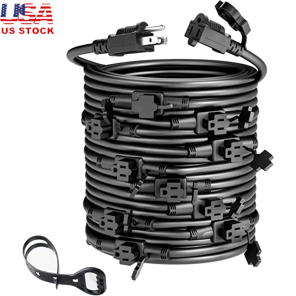 

50FT 16AWG Multi Outlet Power Extension Cord 11 Outlets Weatherproof Cover Indoor Outdoor Electrical Splitter 15A 125V