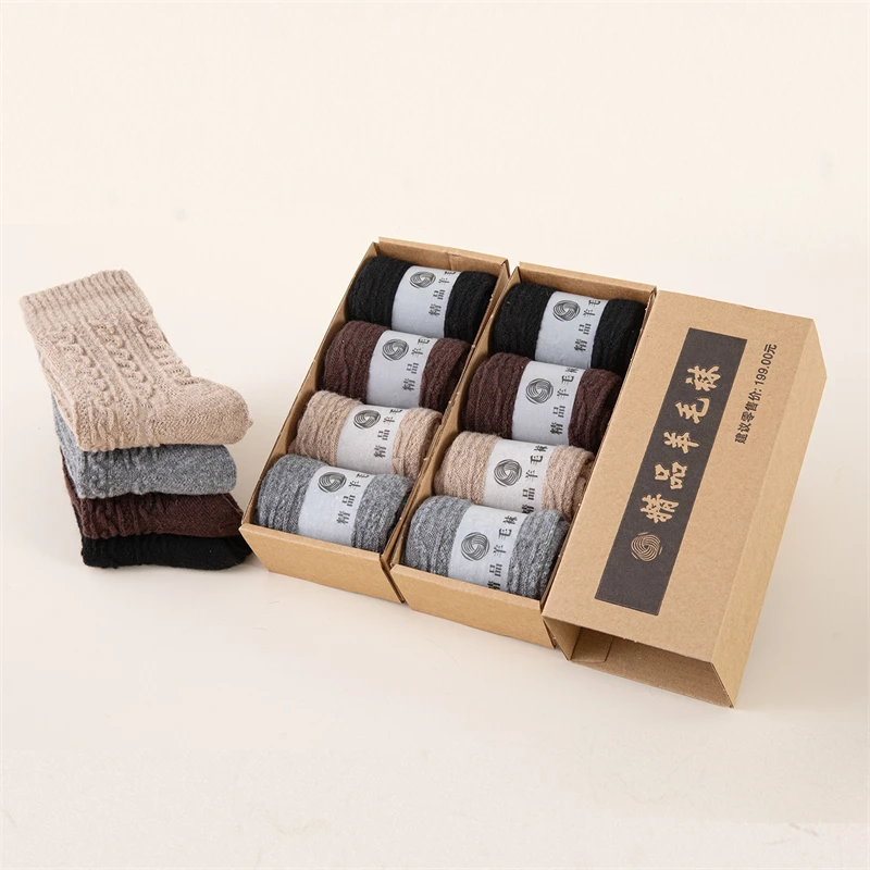 

4 Pairs Thickened Twist 100% Wool Socks Warm Locking Temperature Unisex Mid-Calf Socks Anti-Pilling Soft Knitted Socks