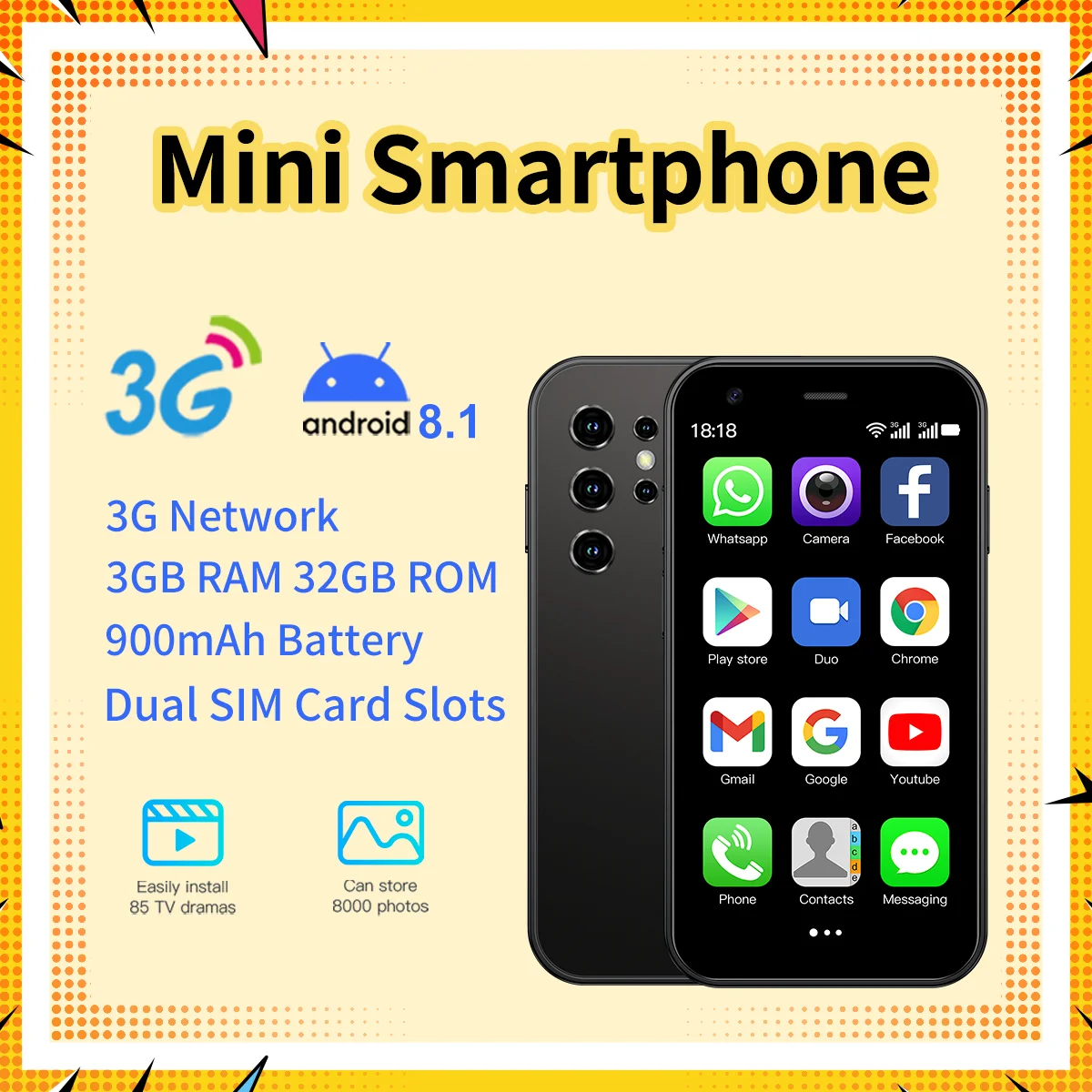 Soyes Mini 24 3.0 بوصة أصغر هاتف أندرويد، هاتف ذكي صغير 3+32 جيجابايت أندرويد 8.1 ثنائي الشريحة 3G، احتياط/جيب هاتف مدمج للغاية