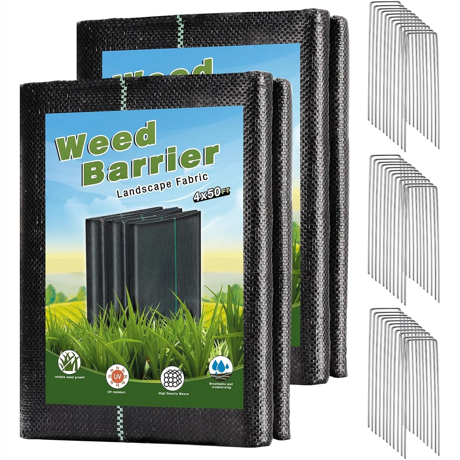 4 x 100FT Garden Weed Barrier Landscape Fabric Heavy Duty Ground Cover with 30 U-Shaped Securing Pegs for Garden Farming