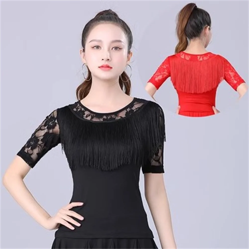 Ladies' Lace Sleeves Latin Dance Performance Shirt, Top Vermelho, Girls 'Tassel, Trajes de Palco, Jitterba