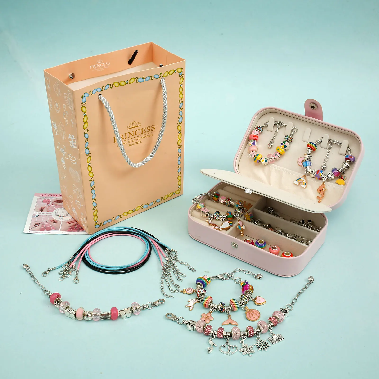 134 Pcs Girl Charm Bracelet Making Kit DIY Beaded Jewelry Making Supplies Mermaid Pendant Organizer Box Creative Handmade Crafts