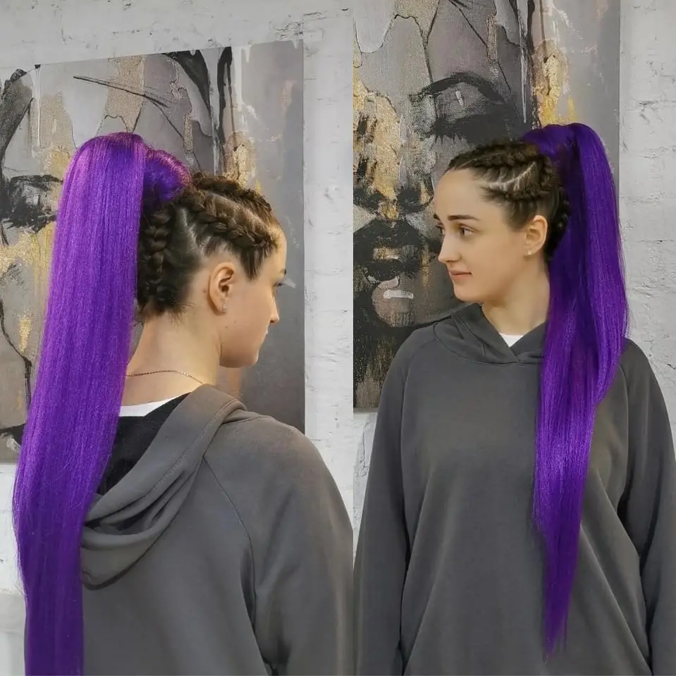 2 piezas de extensión de coleta sintética morada con banda elástica, coleta larga lacia para DIY, accesorio para mujer 5