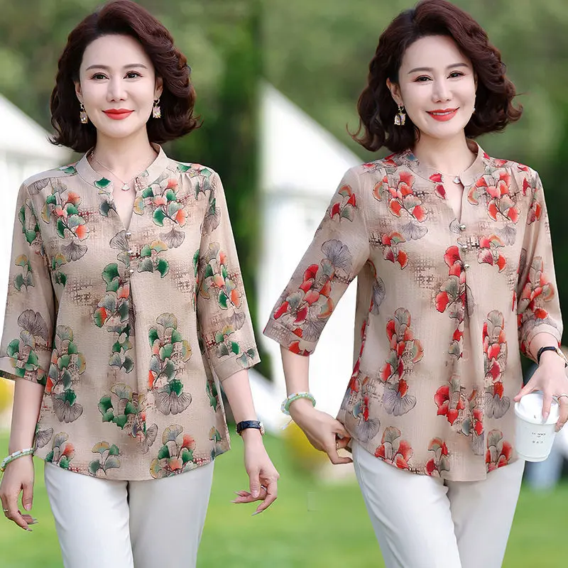 

New Summer Fashion Shirt Large Size Suitable for Elderly People Thin Style for Spring and Summer Mid Sleeve Top