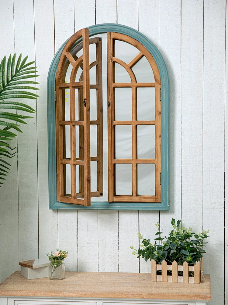 Retro solid wood arched blue wood color folio fake window wall hanging home soft decoration photo wall decoration garden decorat