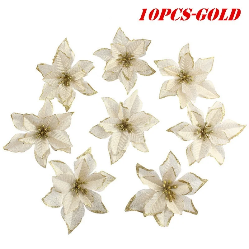10PCS 13cm Christmas Flowers Artificial Christmas Tree Ornaments Gold Poinsettia Flower Head Home Christmas Tree Decorations