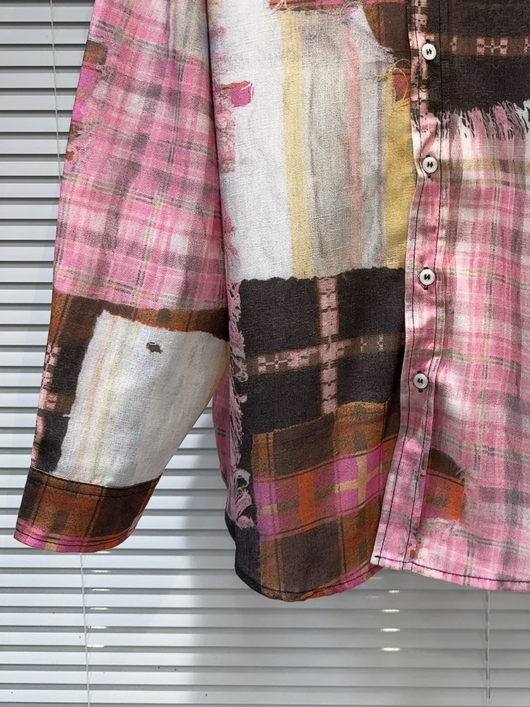 Losse Amerikaanse Sle Hot Girl Hand Dn fiti Plaid Patroon Street Trend irt Casual Sle Polyester Fiber Long Sve P...