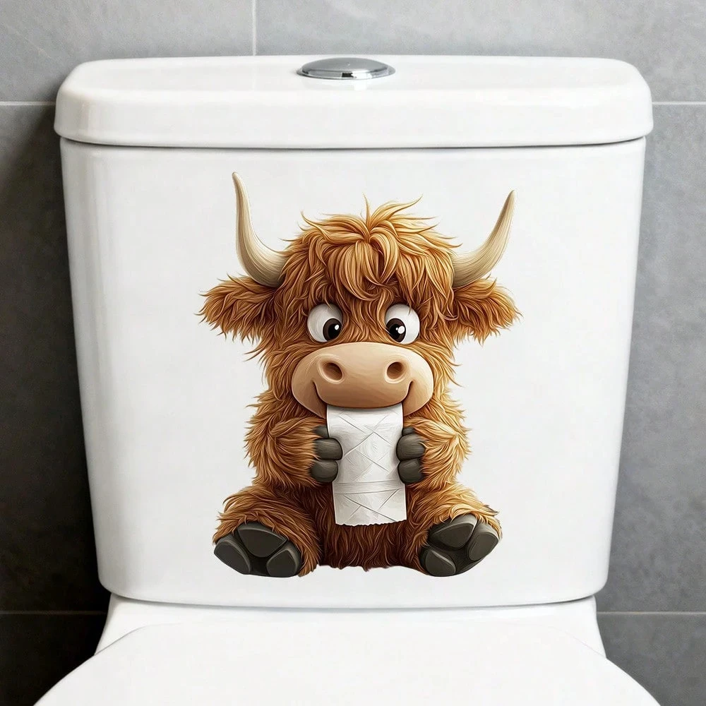 Funny Highland Cow Toilet Sticker, Cute Animal Holding Toilet Paper Roll Pattern, Waterproof Vinyl Sticker For Bathroom S1013