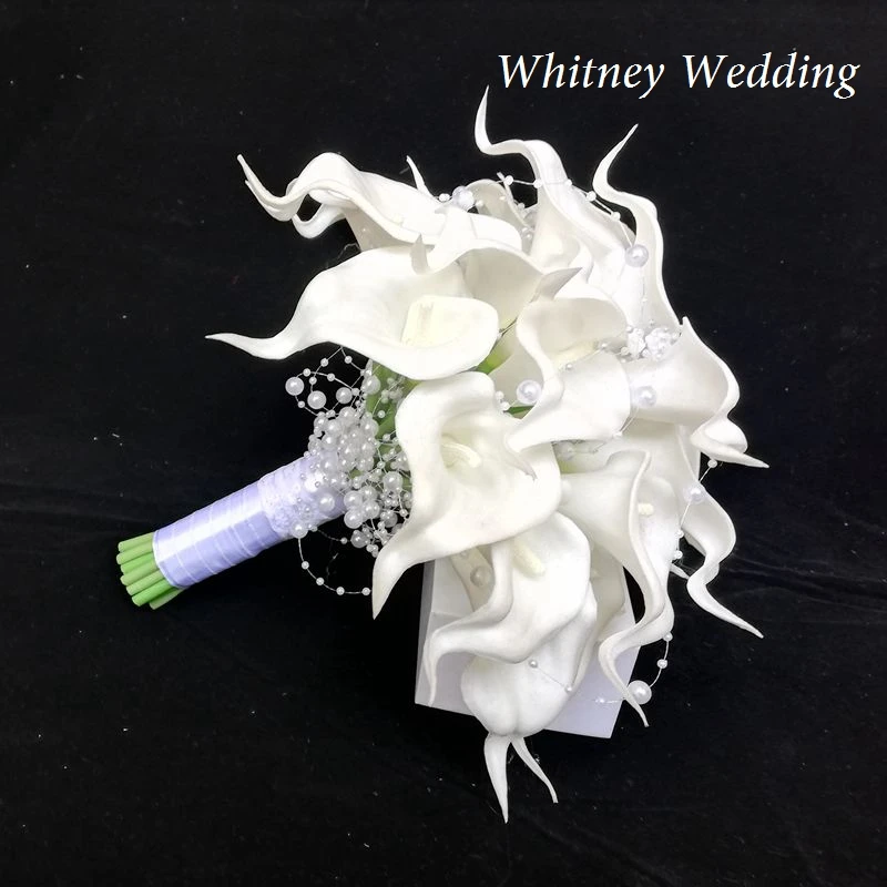 Branco calla lírios nupcial de seda casamento bouquet toque natural com pérolas dama de honra flor mariage ramo novia