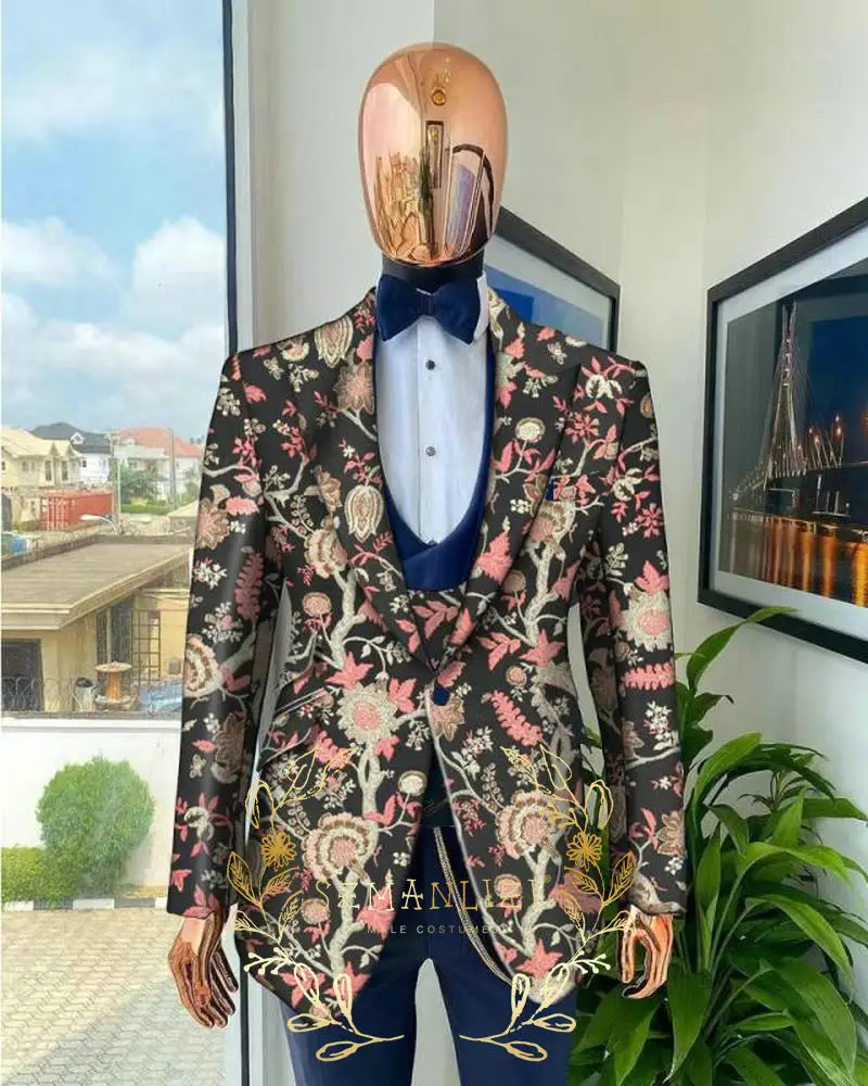 

2023 Floral Pattern Men Suits For Wedding Peaked Collar Double Breasted Vest 3 Piece Groom Tuxedo Male Fashion Jacket Vest Pants