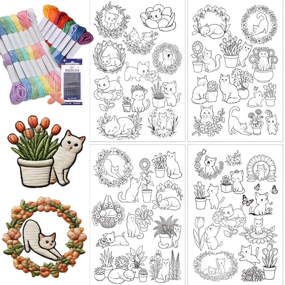 Cat Floral Water Soluble Embroidery Stabilizers, 4 Sheets Pre-Printed Stick & Stitch Transfer Paper for Hand Sewing Beginners