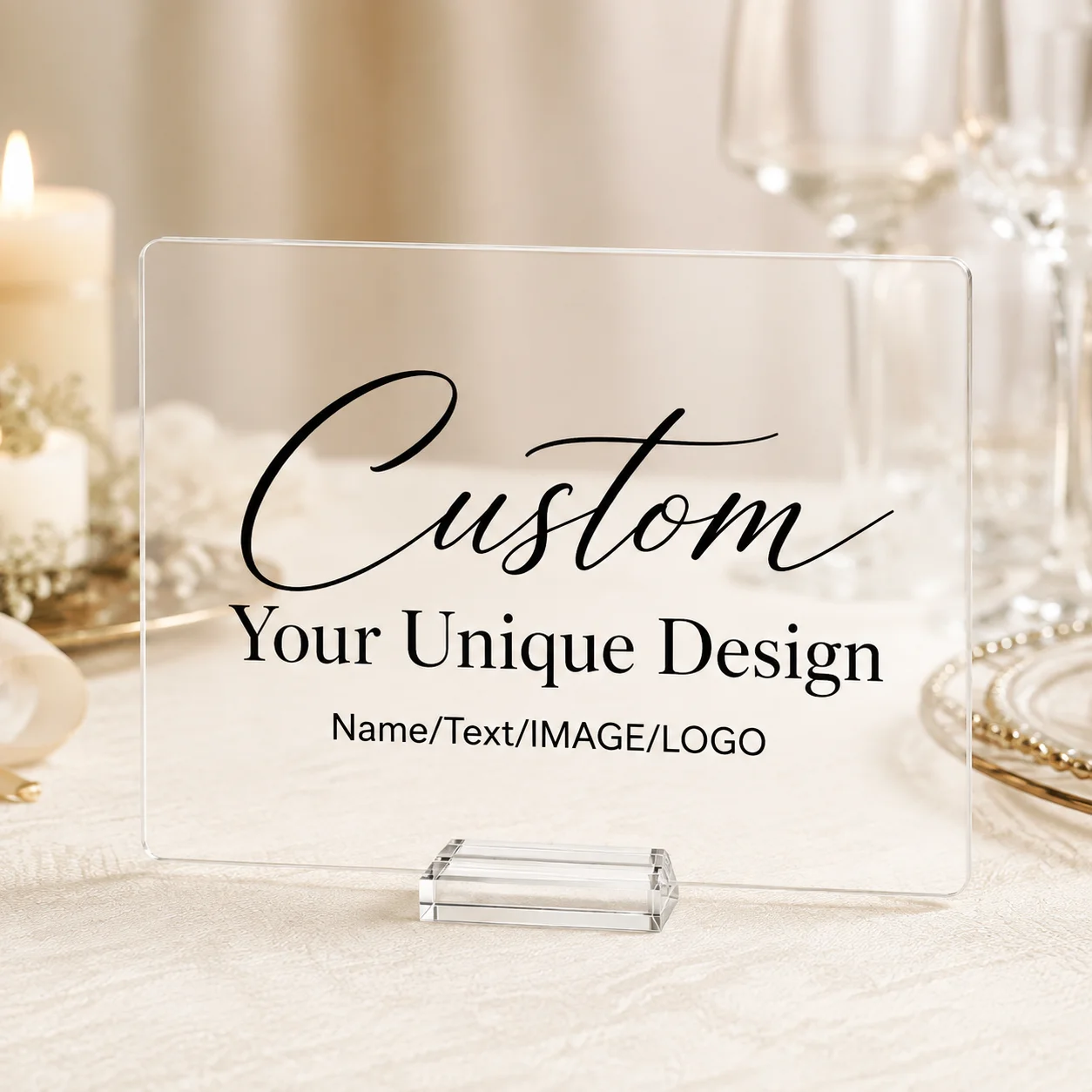 Custom Acrylic Sign Personalized Clear Plaque with Stand Text Logo Photo for Wedding Business Store Party Table Decoration view 5