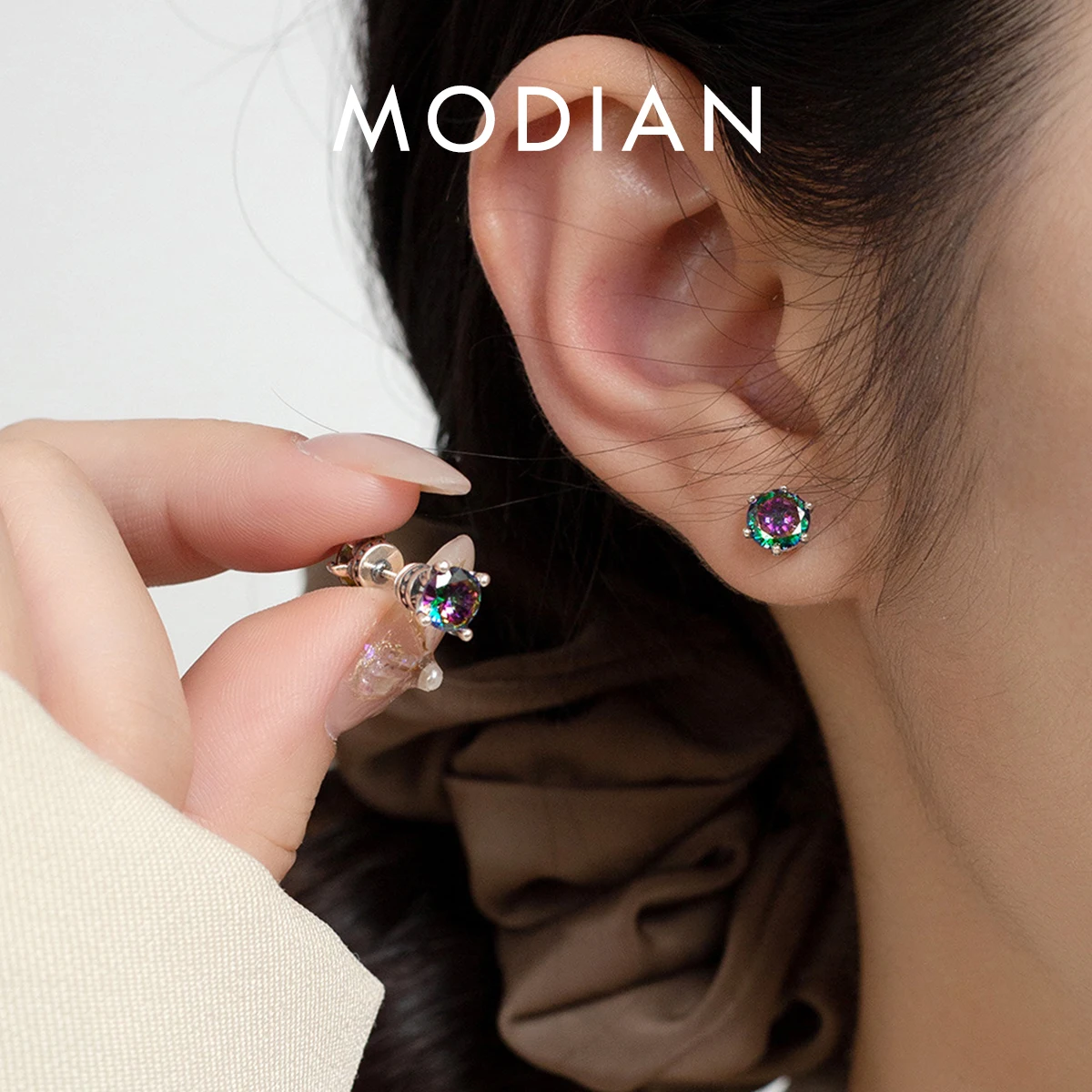 

MODIAN 925 Sterling Silver Trendy Double Side Crown Rainbow Color Round Zirconia Sutd Earrings Vintage Fine Jewelry For Women