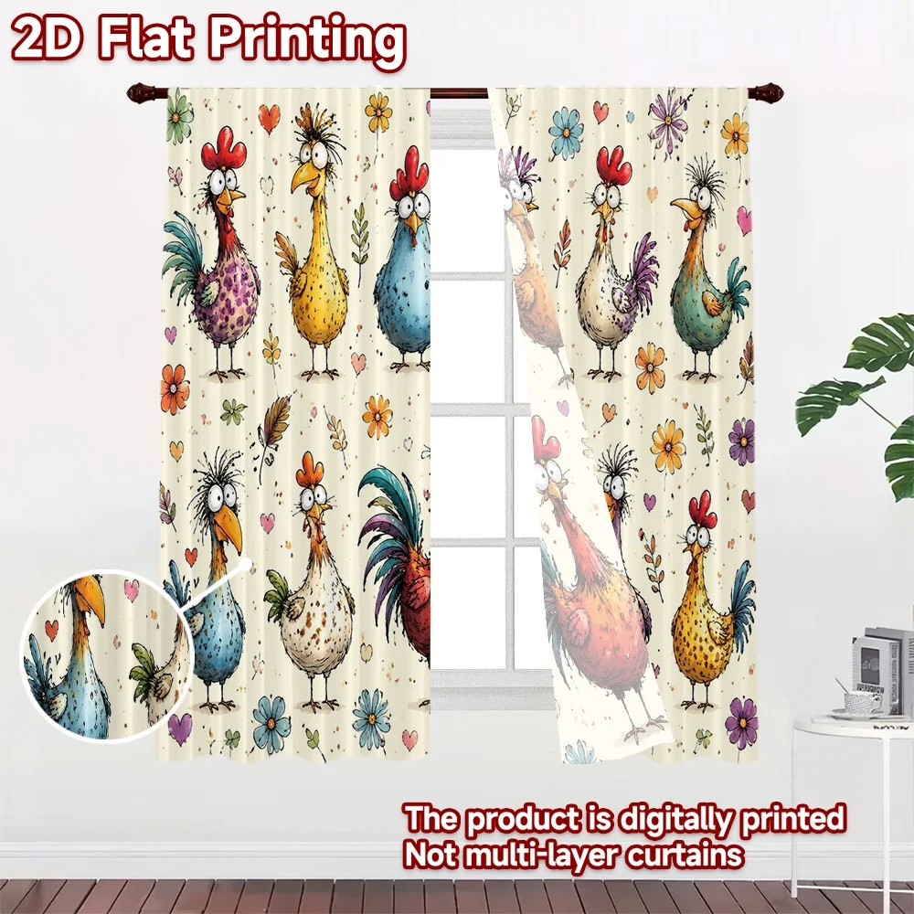 2D FLAT PRINTING 2pcs Curtains (Without Rod) Colorful Cartoon Chickens Popular Light Filtering Curtains Yarn Curtains