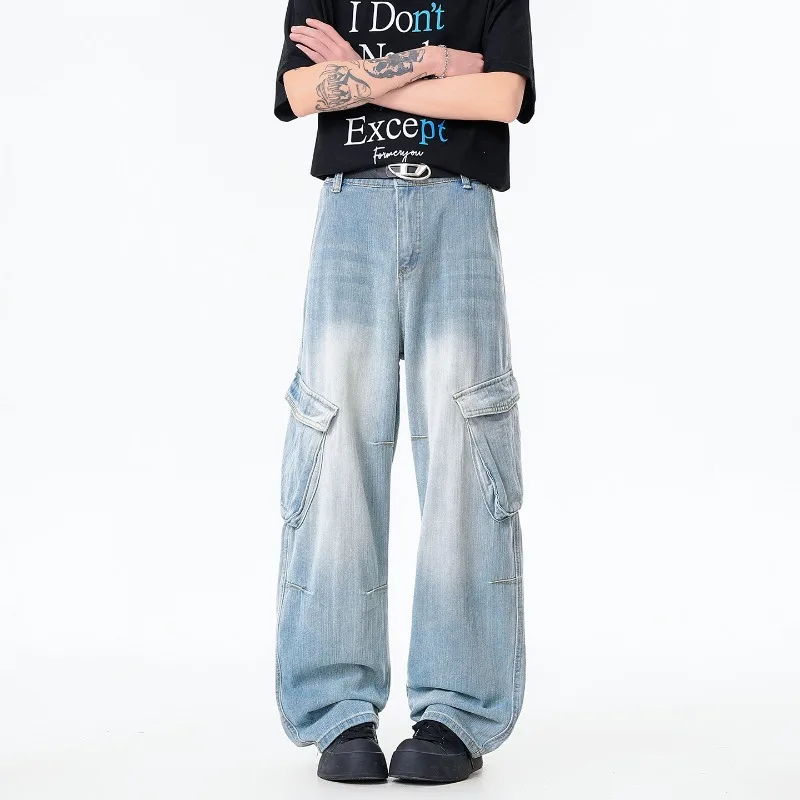 

American High Street Loose Straight Leg Cargo Jeans, Black Faded Denim Pants, Men's Casual Streetwear Dark Aesthetic Trousers