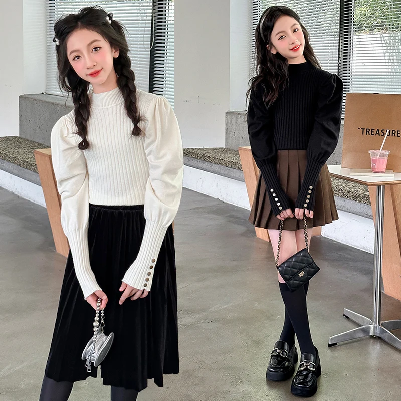 

Fashion Spring Girls Sweaters Knit Pullover Tops Turtlrneck Autumn Winter Metal Button Children Knitwears TR331