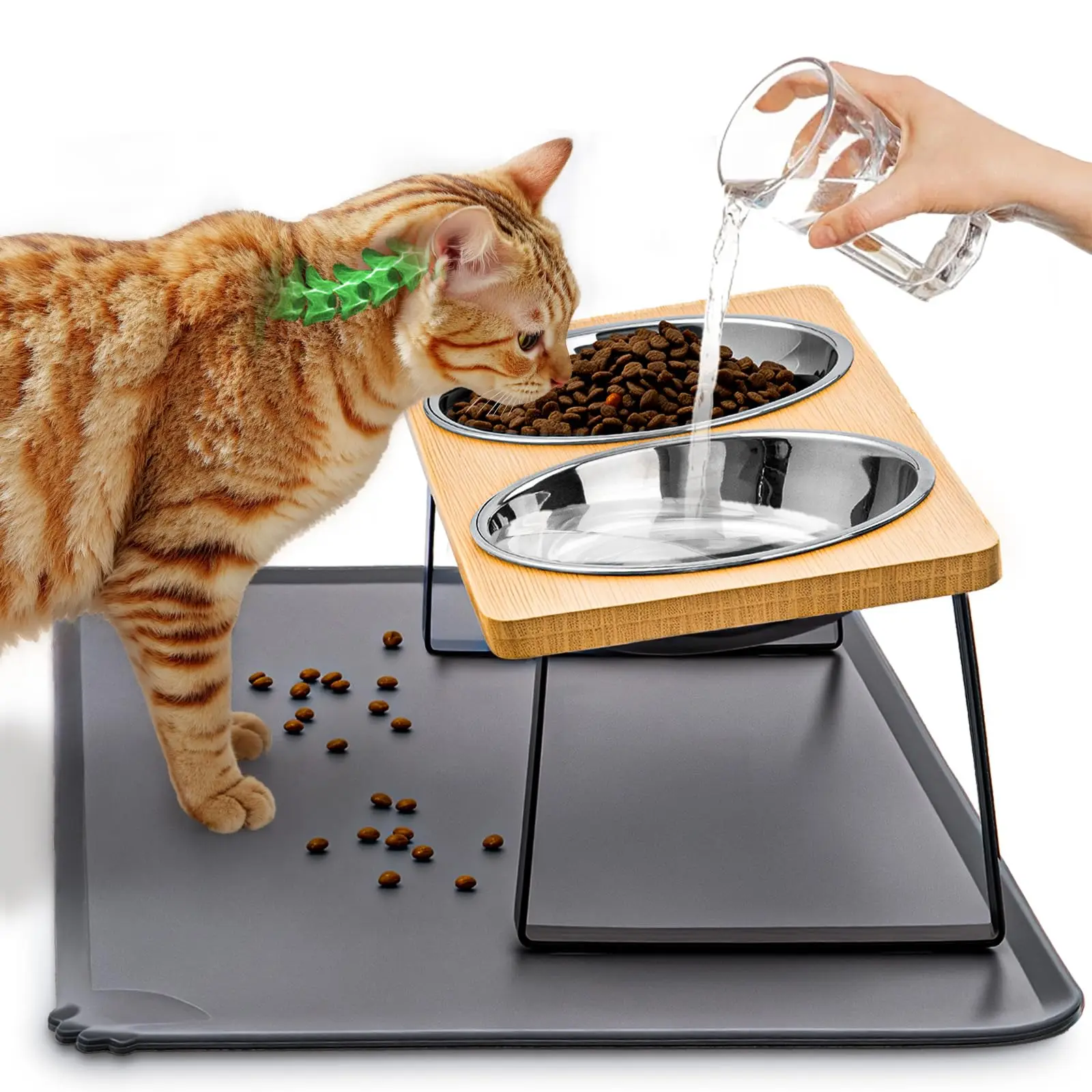Erhöhte Katzennäpfe mit Futtermatte 15 °   Gekippter Ständer, bruchsicher, erhöhte Katzengeschirr mit Silikonpolster für Futter und Wasser für Katzen