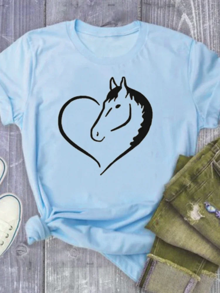 Horse Shape Heart Print Yellow T Shirt Women Short Sleeve O Neck Loose Women Tshirt Ladies Summer Fashion Tee Shirt Tops Clothes