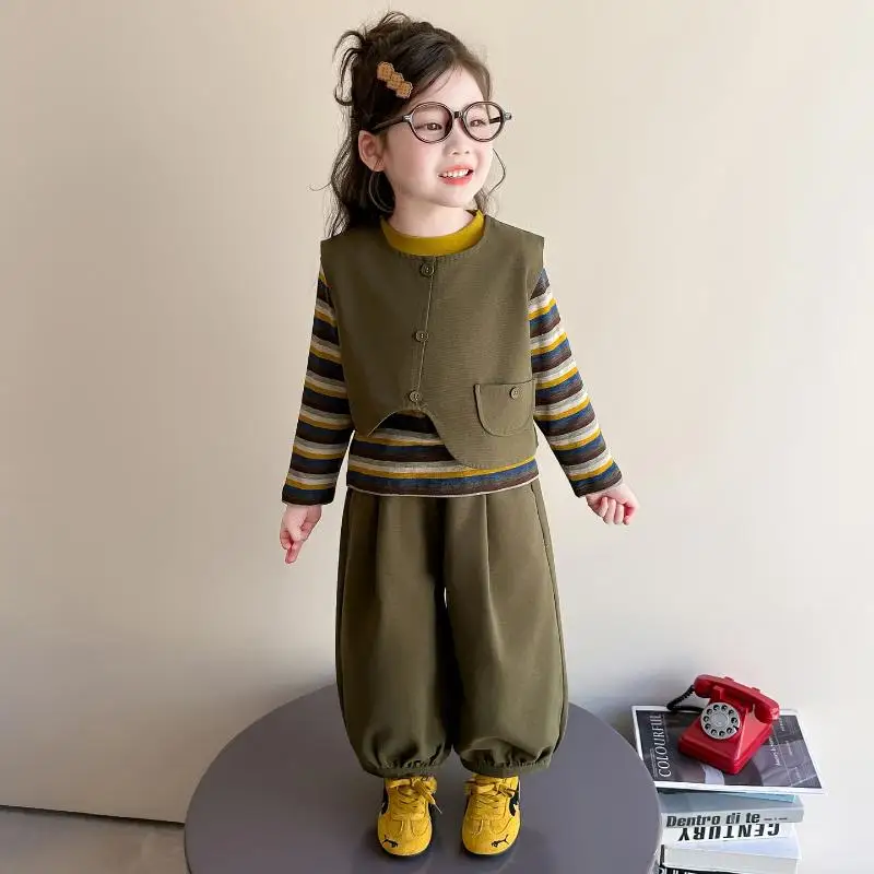Girls vest long sleeved T-shirt ankle pant set children's spring autumn new style Korean version vest pant girls three piece set