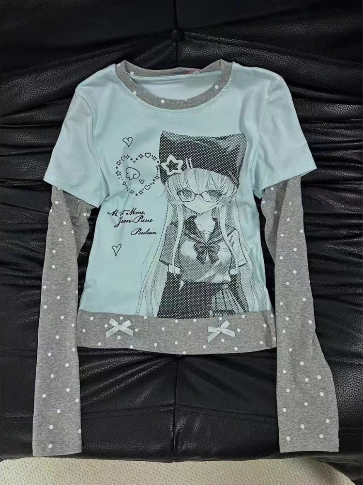 Women Sweet Y2K Harajuku Print Patchwork Fake Two Piece T-shirts Winter Japanese Subculture Polka Dot Long Sleeve Slim Tops New