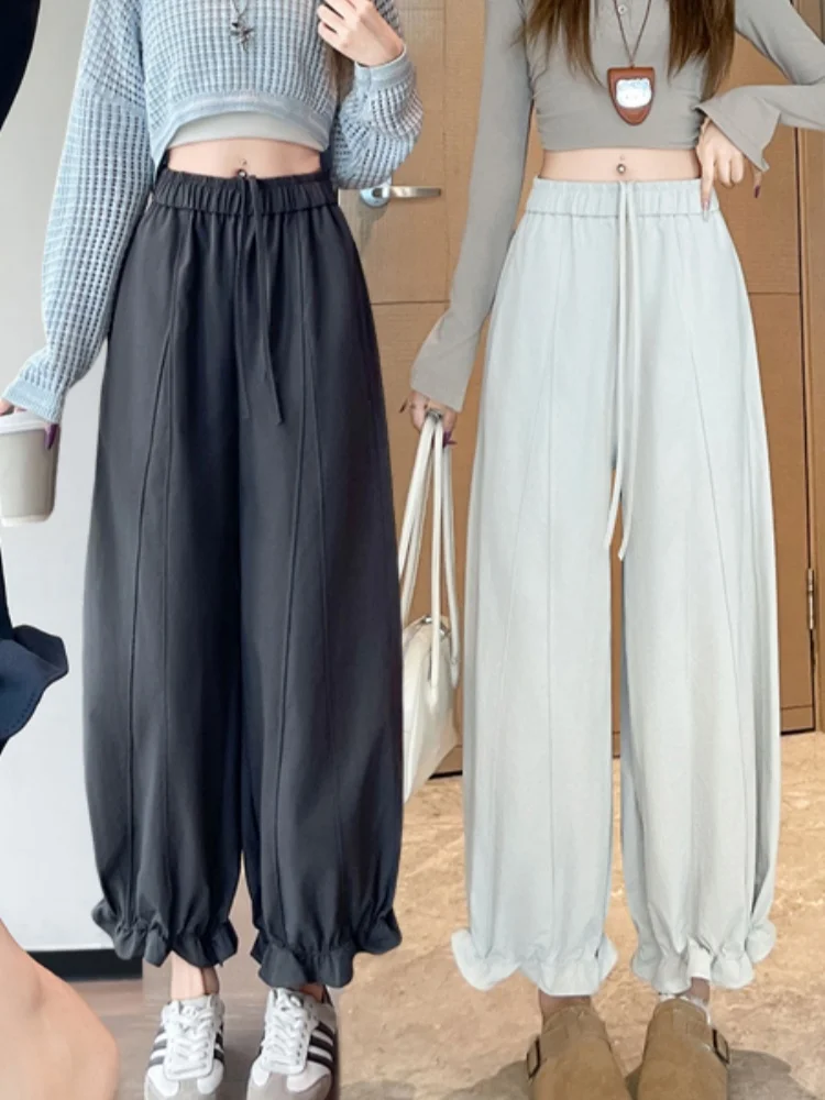 키 큰 여성용 하이웨이스트 카고 팬츠 한국 스타일 순색 랜턴 플라워 팬츠 통근용 바지