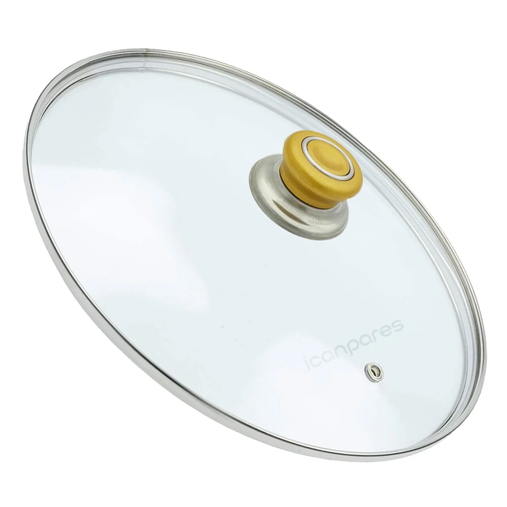 Universal pot Sahan pan glass lid with steam hole cover 32 cm and golden yellow holding tray