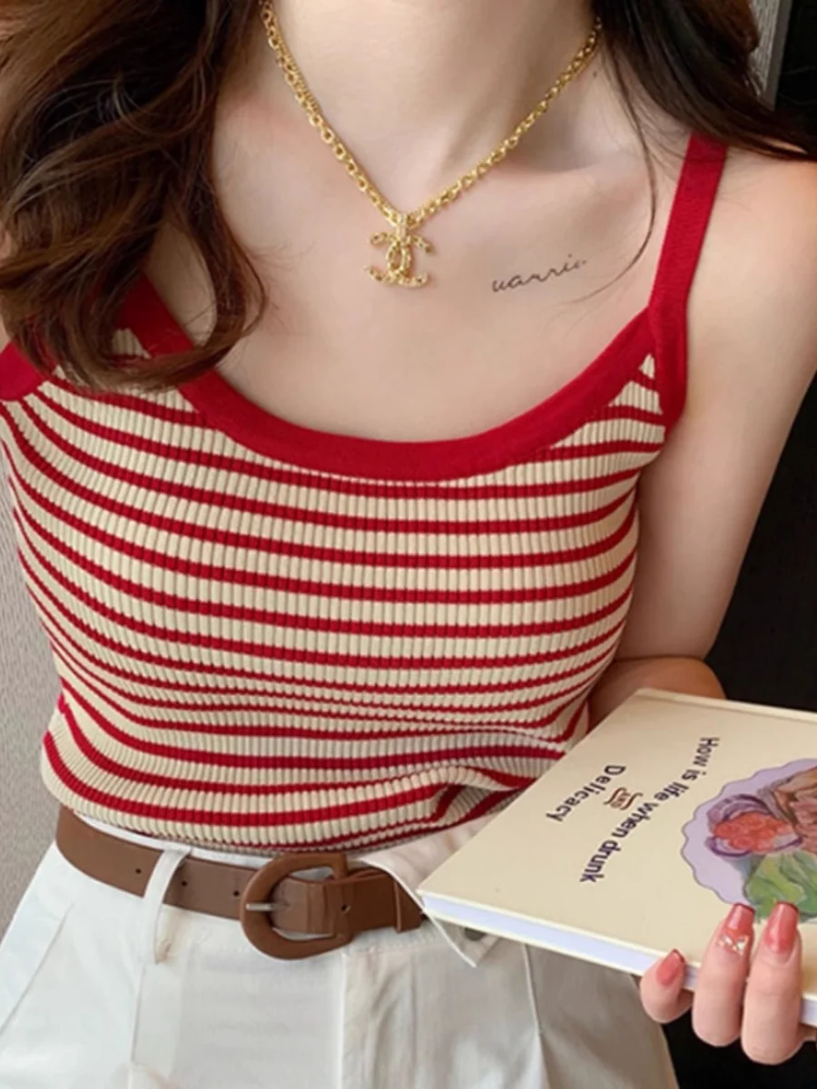 Extra Large 300 Pounds Ice Silk Striped Small Strap Vest Women Summer Outdoor Wear Slimming Sleeveless Base Top