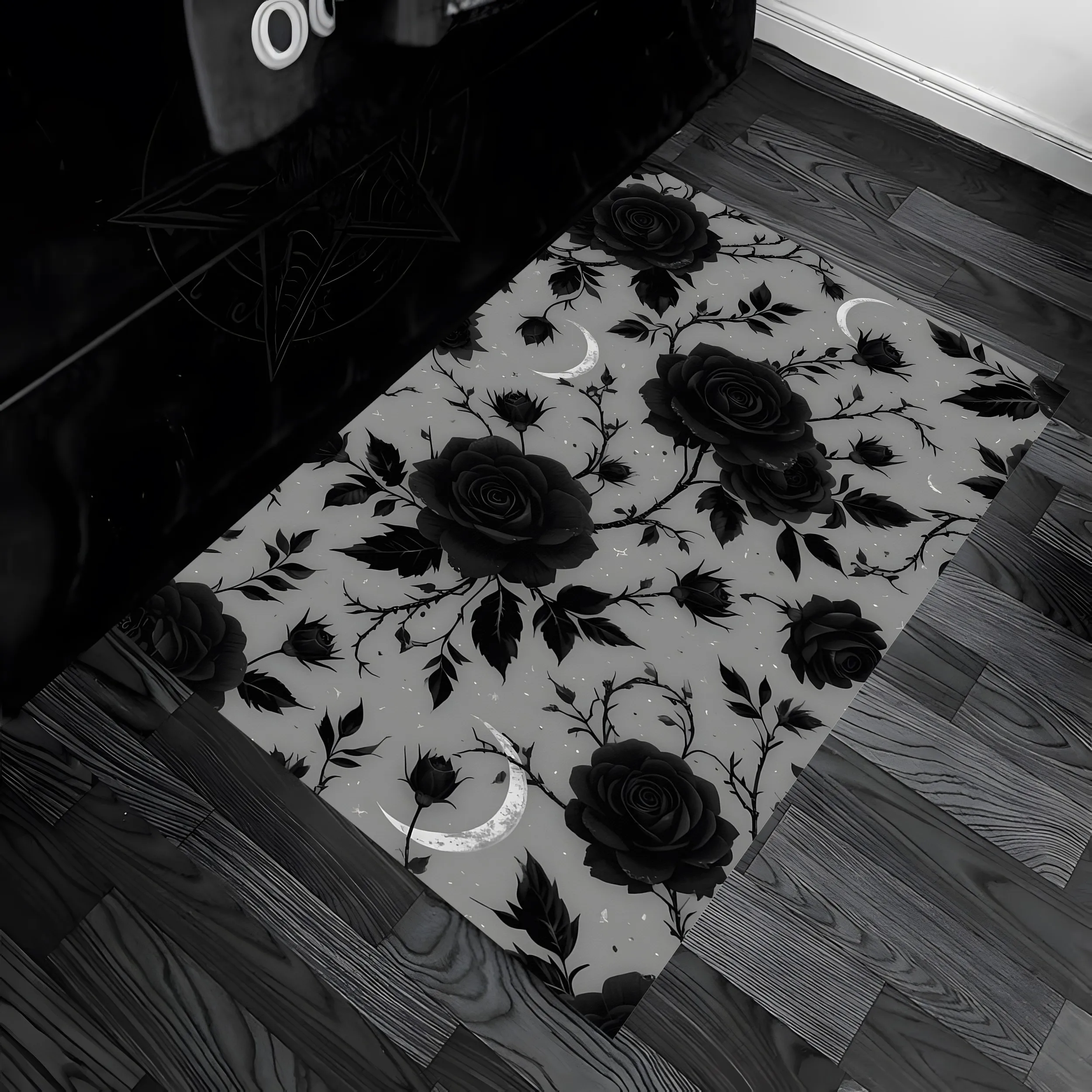 Black Rose Crescent Moon Print Gothic Halloween Velvet Rug for Bedroom Living Room Entryway Mysterious Decor