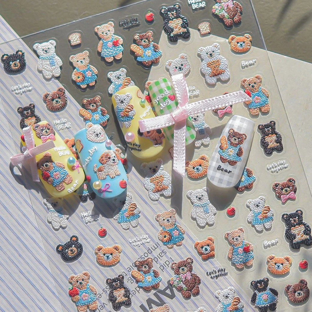 

Embroidered Cat Kitten Bear Dog Puppy Cute Animals Bowknot Love Heart Flower Beret Crown Apple Nail Art Stickers Manicure Decals