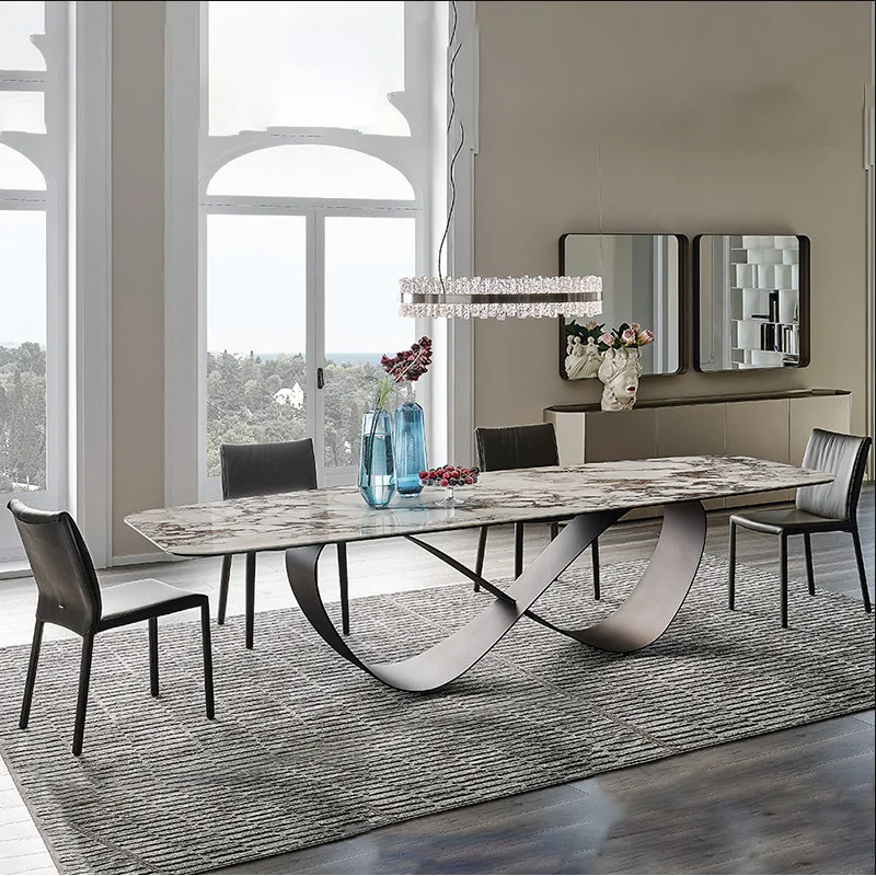 

Modern unique design creative marble top stainless steel dining table and chair set for dining room furniture