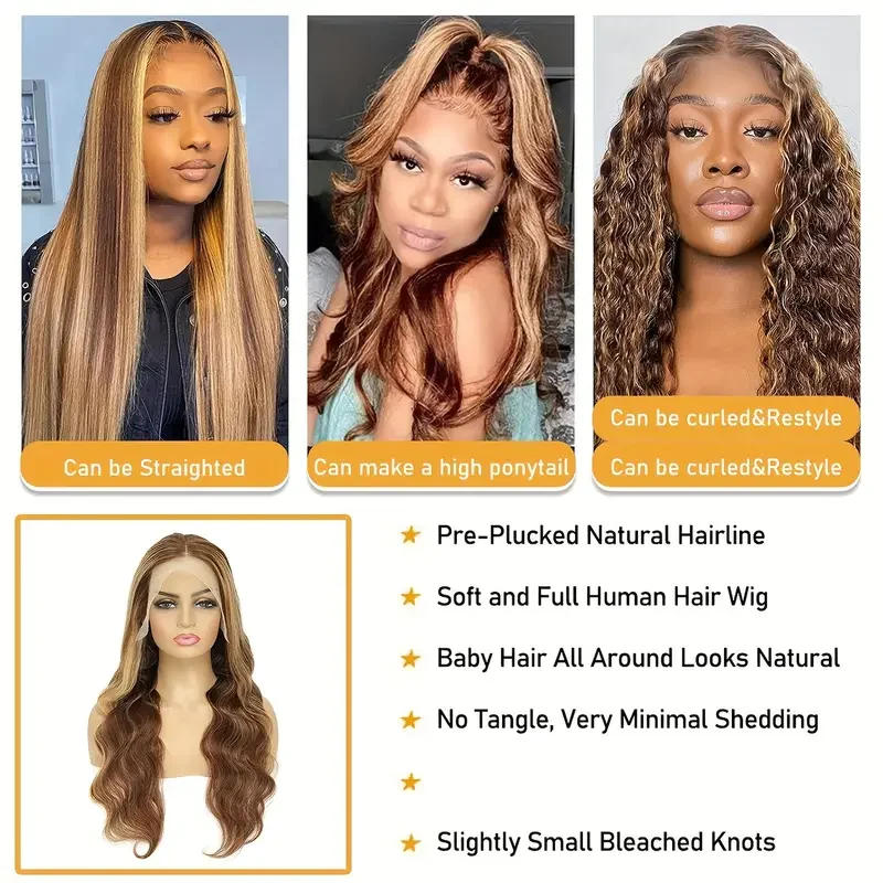 Honey Blonde Ombre Highlight 13x4 Lace Frontal Wig Glueless Body Wave Pre-Cut Lace Frontal Pre Plucked Lace With Human Hair Wigs