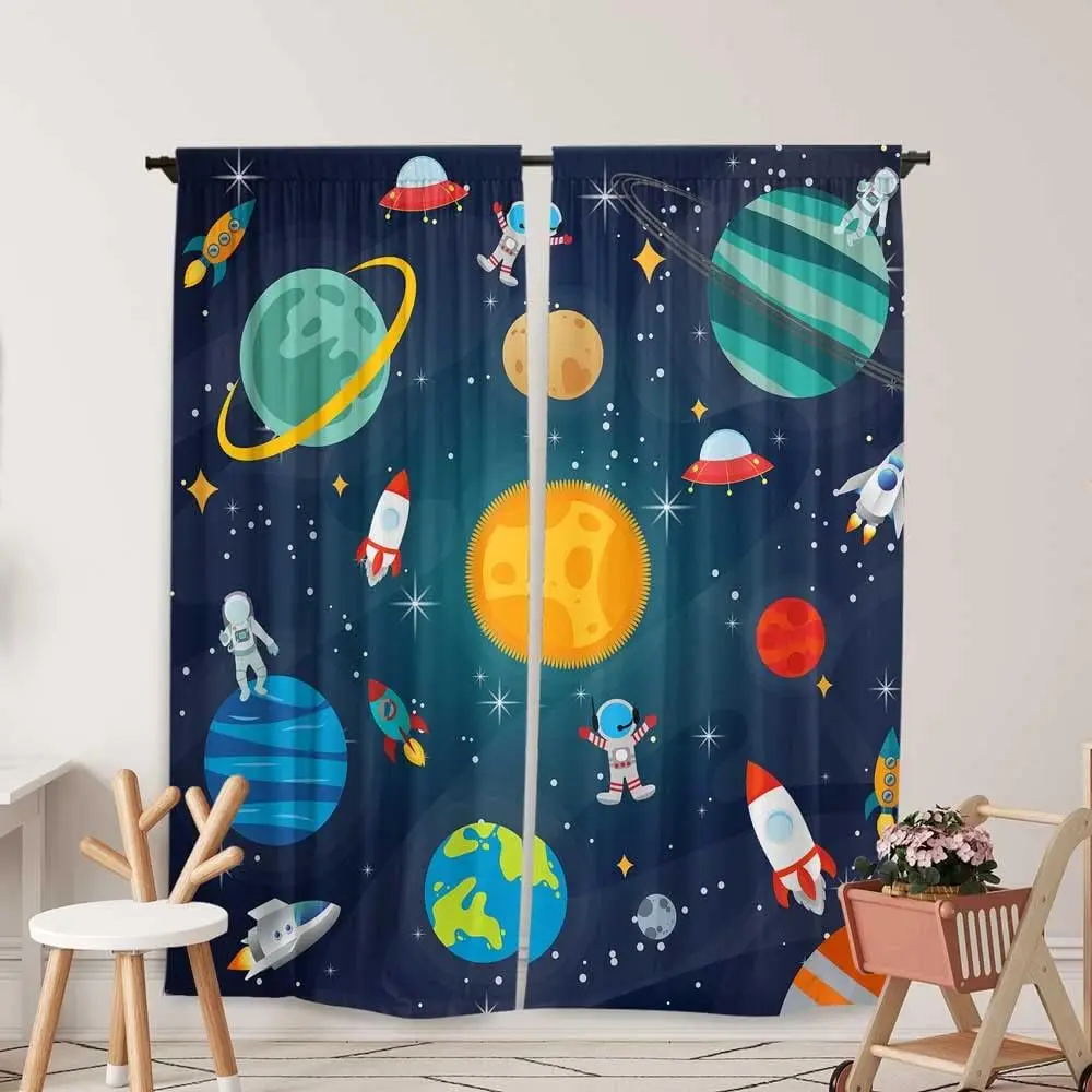 Galaxy Astronaut Space Curtains, Universe Planet Print Rod Pocket Drapes for Kids Nursery Bedroom Living Room Home Decor