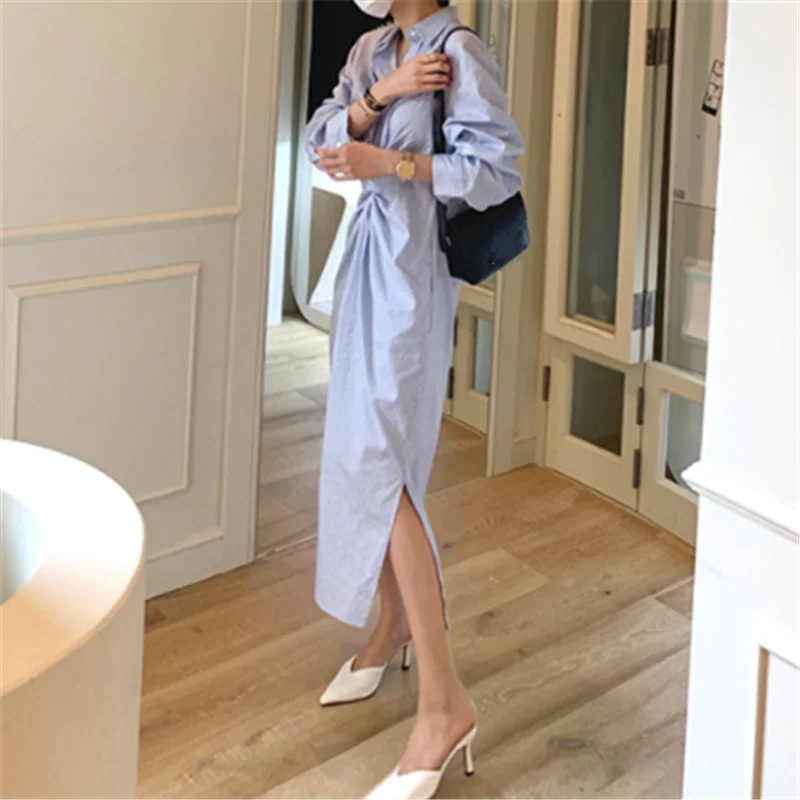 REALEFT 2024 New Vintage Striped Straight Women\'s Shirts Dresses Spring Long Sleeve Front Cross Korean Casual Dress Female