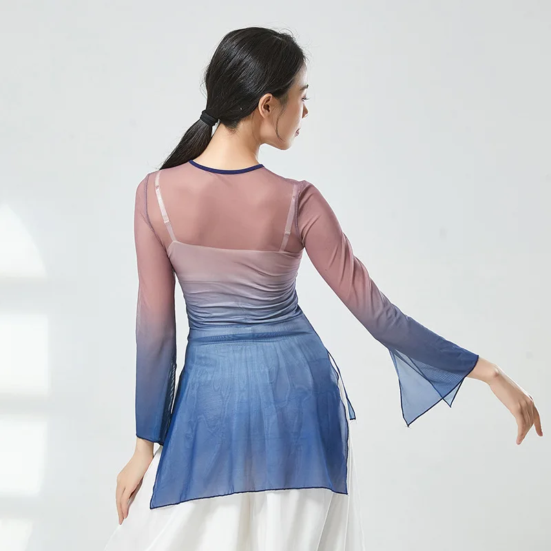 Chinesische traditionelle Bluse 2 Farben Gaze Top Langarm klassische Tanz Shirt Kunst Test Leistung Körper Reim transparente Folk