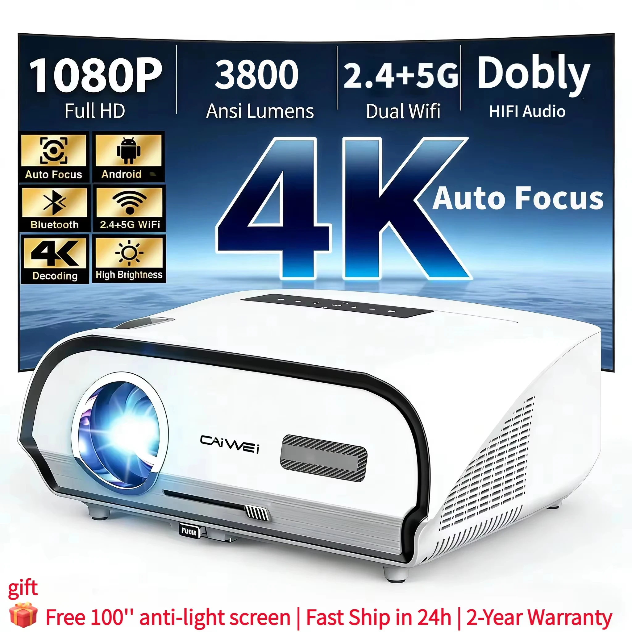 full hd 4K projektor do kina domowego auto focus keystone korekcja 3500ANSI 1080p rodzimy inteligentny bluetooth 2.4 + 5G wifi ś