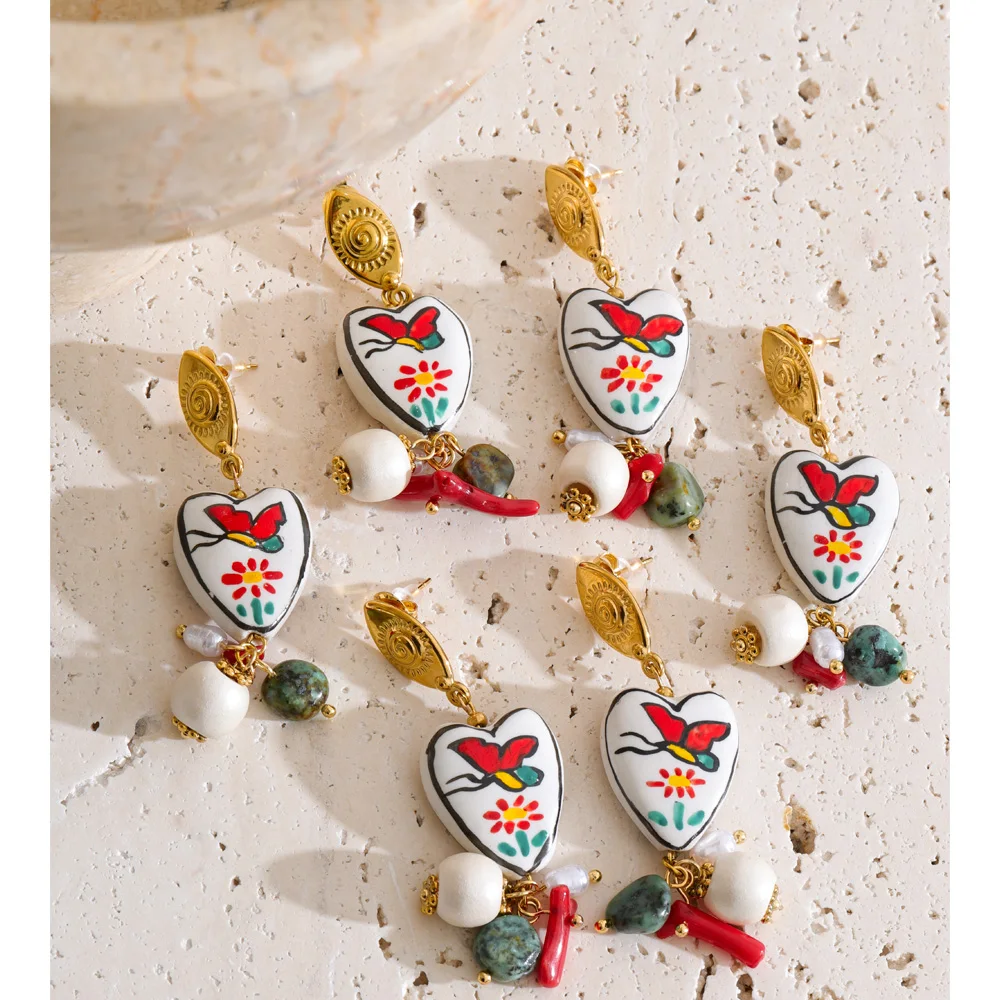 Yhpup Exclusive Design Stainless Steel Ceramic Heart Pearl Stone Drop Charm Earrings Fashion Chic New Arrivals French Jewelry