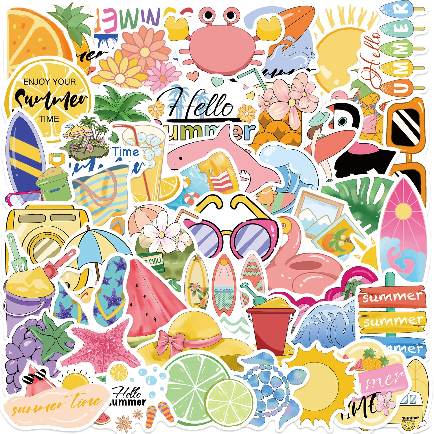 50/100PCS Summer Chill Vibes Doodle Stickers, Cartoon Relaxing Decals for Guitar Notebook Helmet Stationery Phone
