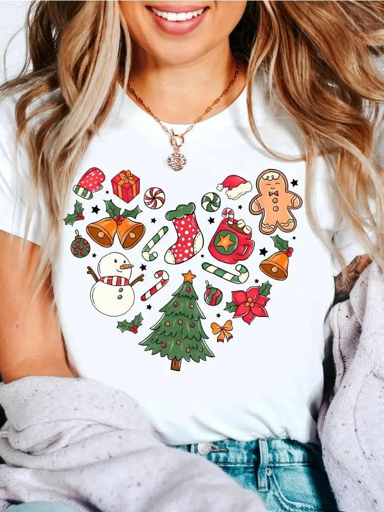 Christmas Heart Print TShirt Holiday Design Featuring Gingerbread Women Candy Canes and Snowflakes Soft Crew Neck Casual Top