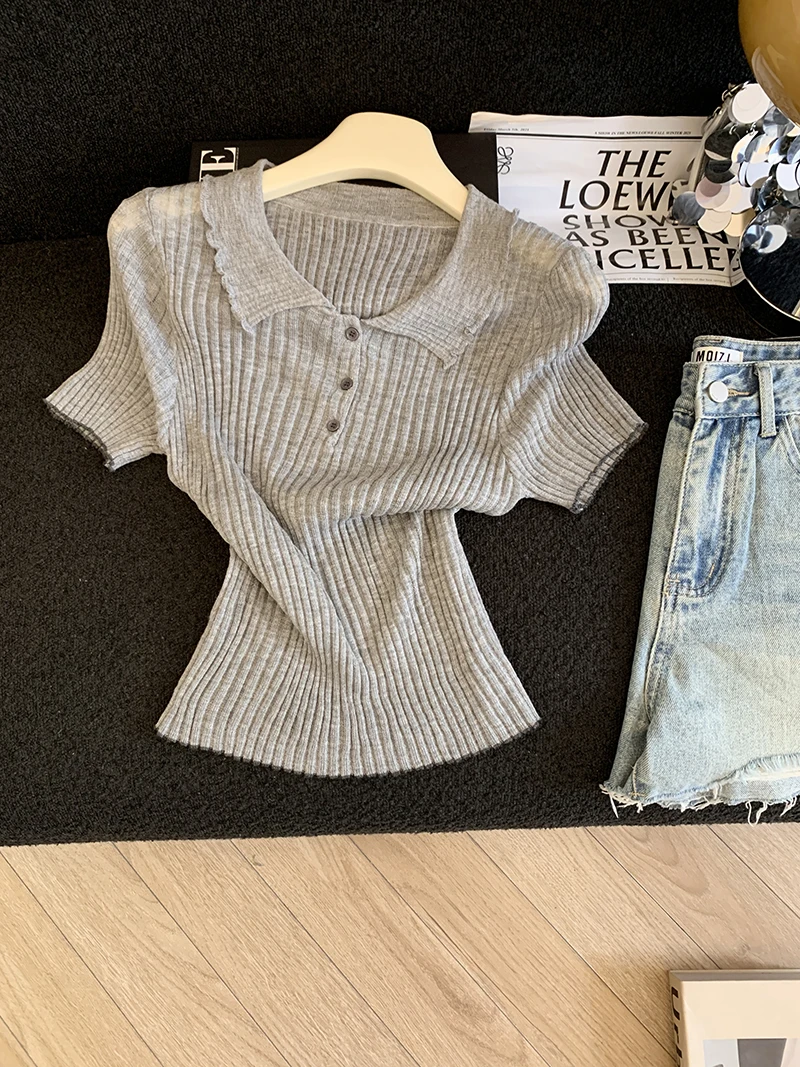Women's Polo Neck Wwooden Ear Short-Sleeved Knitted Shirt 2026 Summer Slim-fitting Slightly Transparent Thin Top