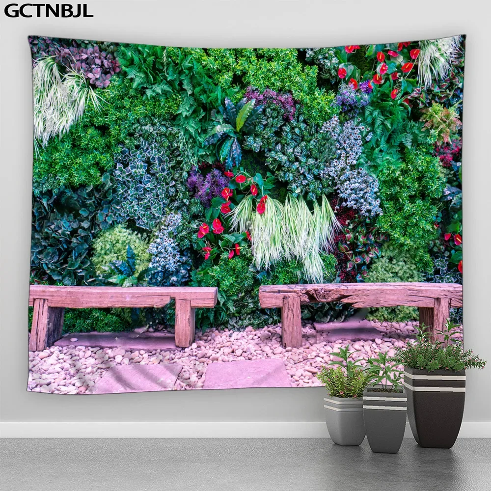 Plants Flowers Landscape Tapestry Green Vines Floral Fence Trees Rural Waterfall Forest Nature Scenery Garden Decor Wall Hanging