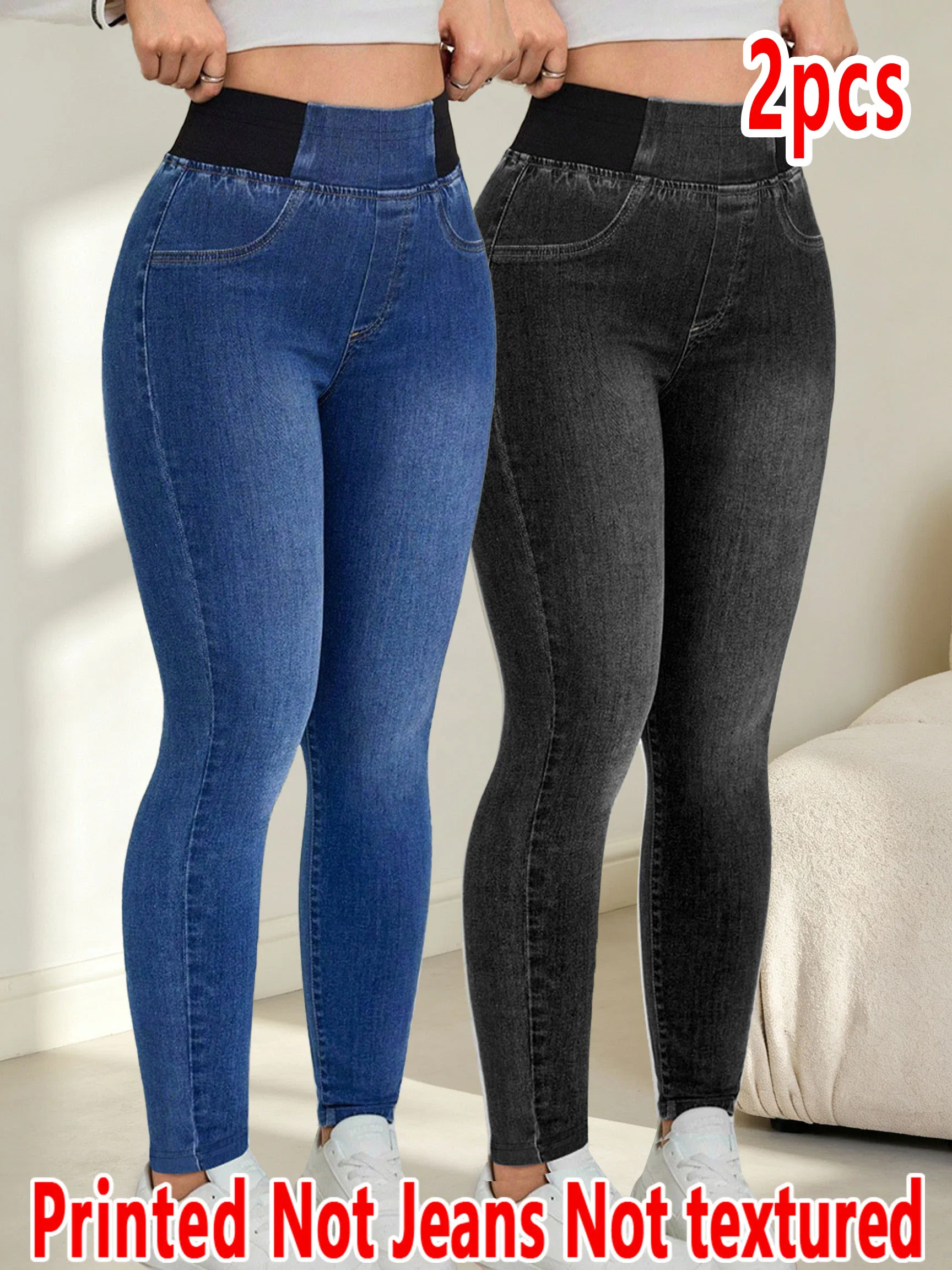 2pcs Ladies' Two-Piece Set Printed Faux Denim Autumn Winter Long Pants Texture-Free Design Ladies Fashion Outerwear Set