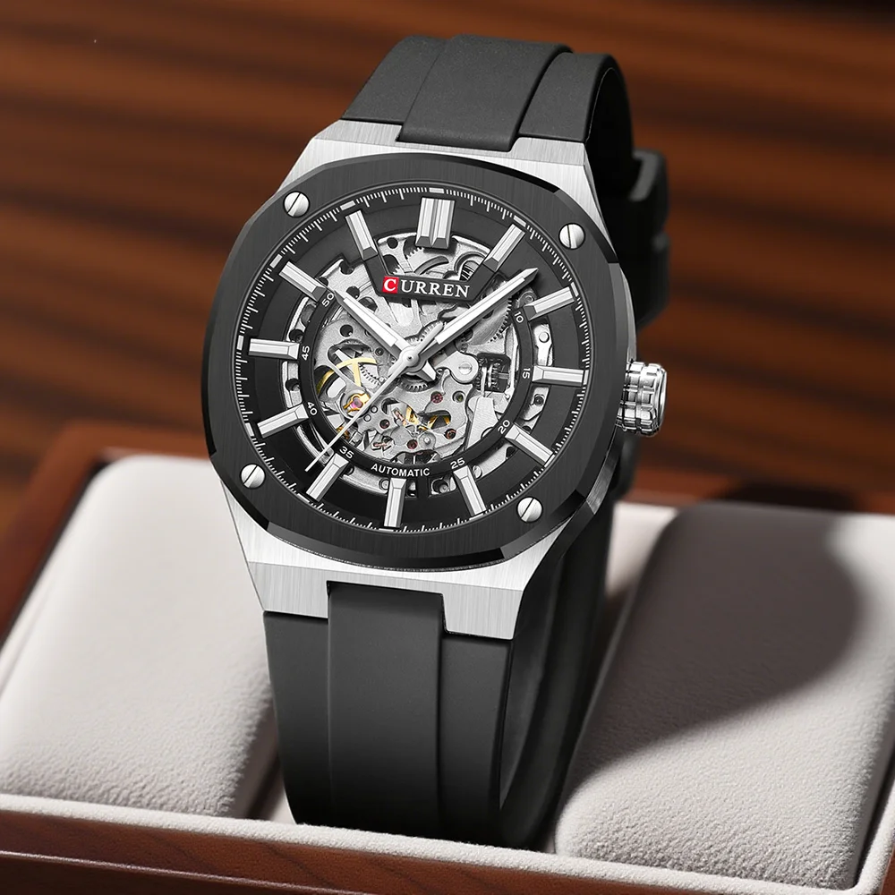 CURREN Modern Men's Mechanical Watch Selft-Wind Black Silicone Strap with See-Through Dial Sport Wristwatch Luminous Hands