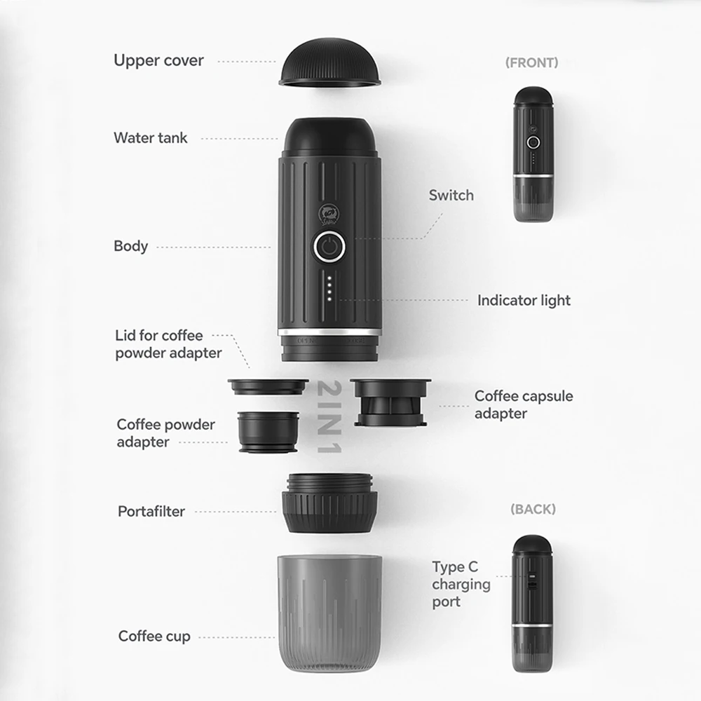 ماكينة قهوة اسبريسو محمولة لاسلكية 19 بار تسخين تلقائي مناسب كبسولة وصانع قهوة أرضي للسفر لمكتب التخييم