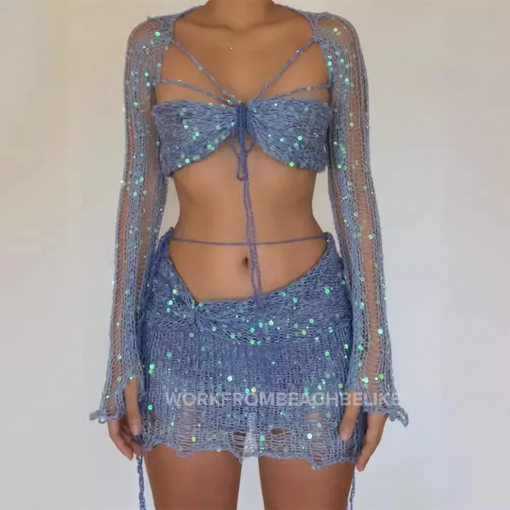 Chic Summer Y2k Sexy 3-piece Set Skirt Suit Long Sleeve Cropped Top Bras Mini Skirts Beach Sets Women Clothing Trend Streetwear