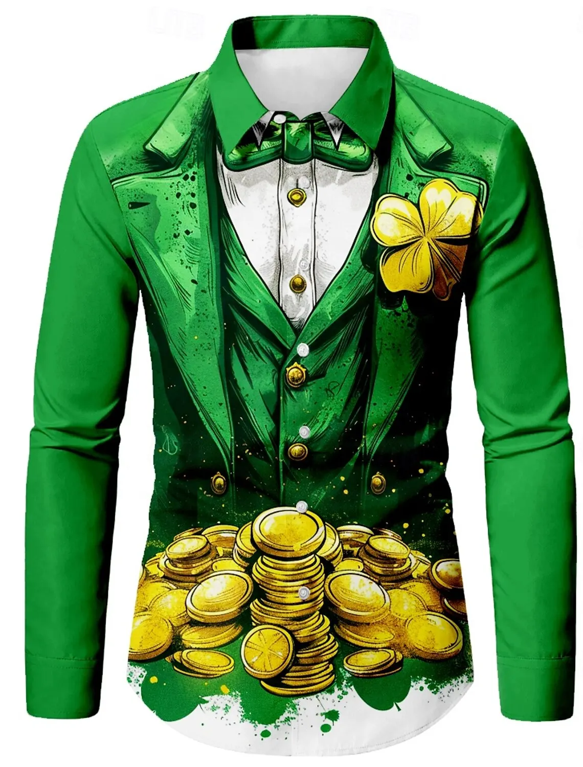 2025 St. Patrick Men\'s Shirts Shamrock Tuxedo Long Sleeve Shirt 3D Print Casual Shirt Green Summer Spring Clothing Apparel