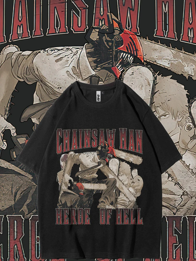 

Anime Chainsaw Man Print Devil Hunter Anime Harajuku Men's T-shirt, Summer Street Style, 100% Cotton, Casual Loose Adult Top