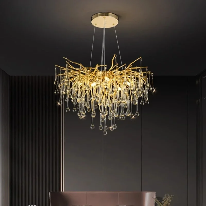

2025 Large Size Raindrop Branch Art Chandelier Gold Crystal For Living Room Dining Room Hotel Luxury Round Chandelier For Ceilin